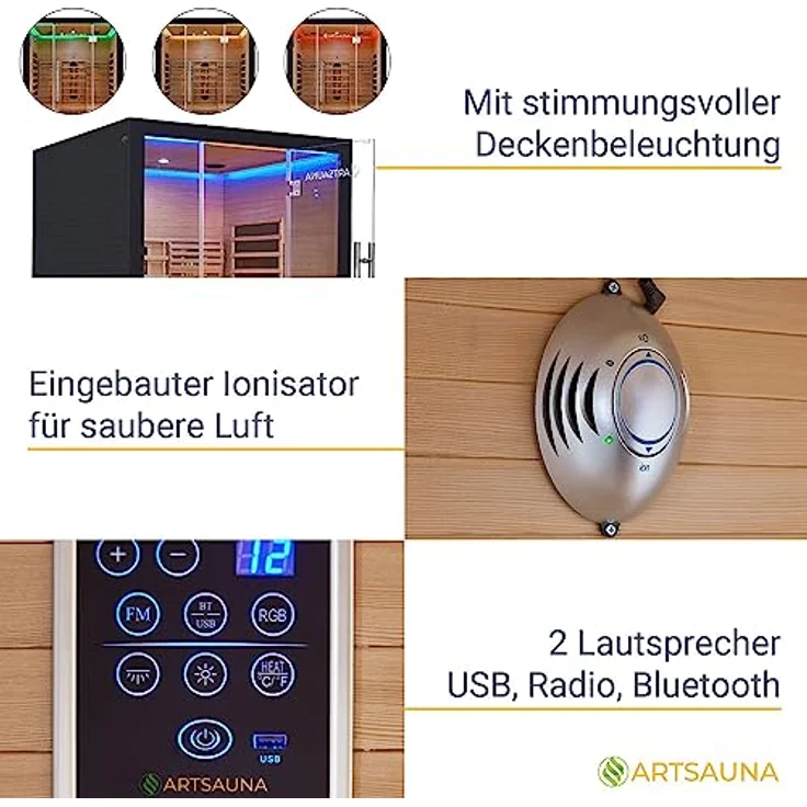 Artsauna Infrarotkabine Helsinki 150 Dual Technologie, LED - Infrarotsauna 150x150 cm - 1 Bank, 2 Liegen für 3 Personen - Wärmekabine Schwarz Black - Preisvergleich – Bild 5