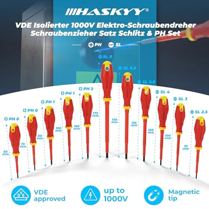 HASKYY 11 tlg VDE Isolierter 1000V Elektro-Schraubendreher Set, magnetische PH & Schlitz Spitzen, Chrom-Vanadium-Stahl, ergonomischer Griff – Bild 3