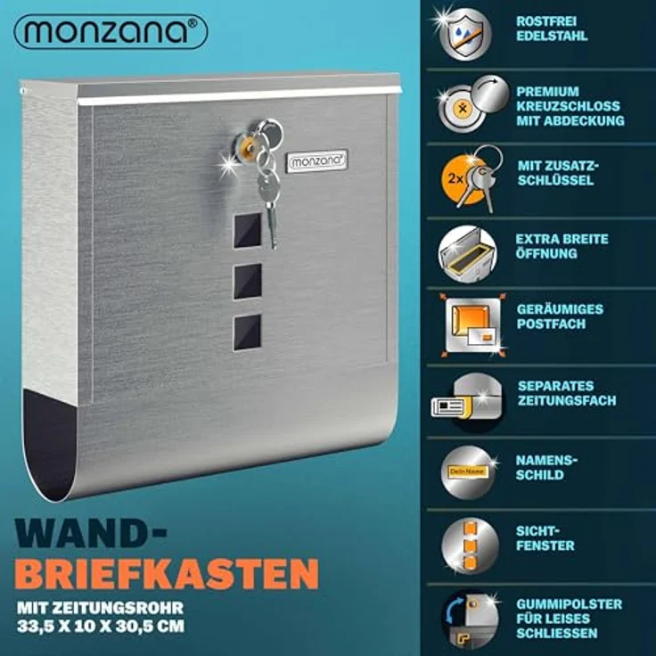 monzana Design Briefkasten Edelstahl silber mit Zeitungsfach Sichtfenster 2 Schlüssel Namensschild Wandbriefkasten – Bild 5