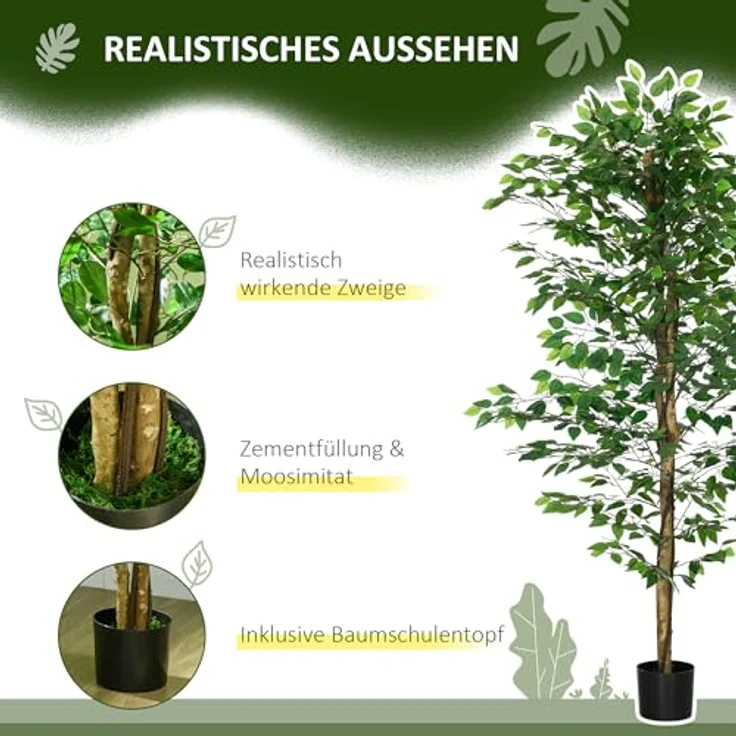 HOMCOM Künstlicher Ficusbaum 180cm, Realistische Kunstpflanze im Topf mit 1260 Blättern, Pflegeleicht für Wohnzimmer und Garten – Bild 4