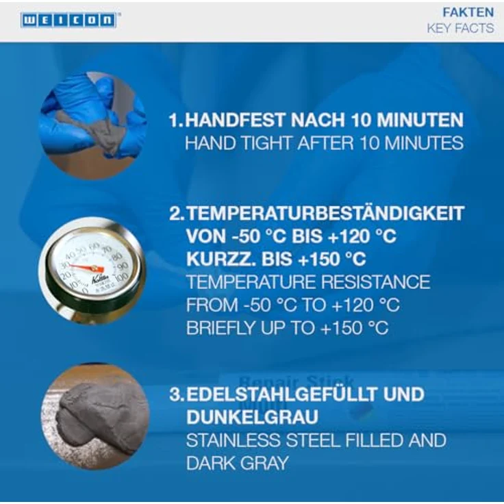 WEICON Repair Stick Edelstahl 57 g, schnelles Klebemittel für korrosionsbeständige Reparaturen an rostfreien Metallen – Bild 4