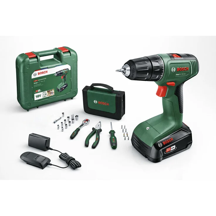 Bosch Akku-Bohrschrauber EasyDrill 18V-40, 2-Gang-Getriebe, 40 Nm, 13-mm-Schnellspannbohrfutter, inkl. 1x Akku 2 Ah und 26-tlg. Mobility Werkzeug-Set im Tragekoffer