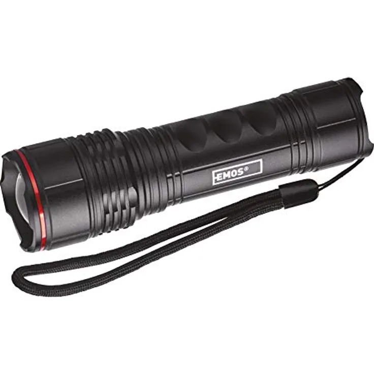 EMOS wasserdichte LED-Metall-Taschenlampe mit Handschlaufe, IP44 ultraleichte fokussierbare Handlampe mit 3 Lichtmodi, Helligkeit 330lm, Leuchtweite 120m, Laufzeit bis zu 27 St., Schwarz, P3114