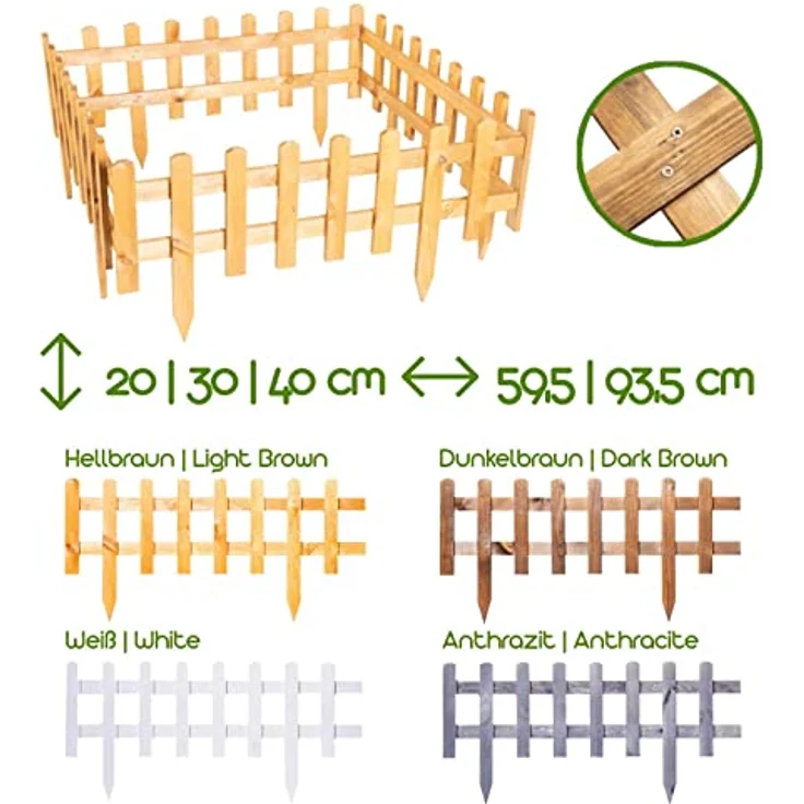 BooGardi Steckzaun Holz Hellbraun 20 x 93,5 cm · 4er Set · Beetumrandung für Blumenbeet/Gemüsebeet · Vor-Gartenzaun · Rasenkante – Bild 3