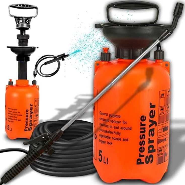 Retoo Drucksprüher 5 L Füllinhalt Hochleistungssprühgerät Gartenspritze Düse Edelstahl Schlauch 1,2m Orange – Bild 1