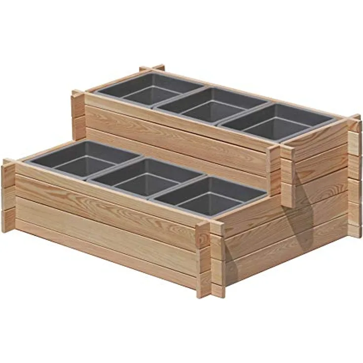 Gartenpirat Stufenbeet Holz Lärche Hochbeet zweistufig mit 6X Pflanzkasteneinsatz, wetterfest, für Garten, Terrasse oder Balkon