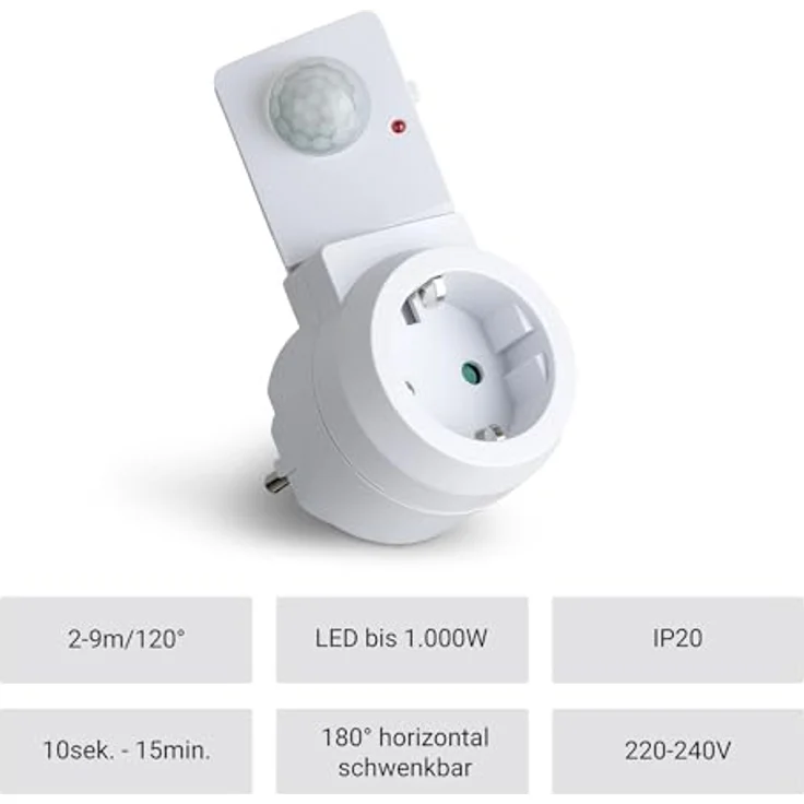 SEBSON Zwischenstecker PIR Bewegungsmelder - 2er Set, drehbarer Sensor, programmierbare Steckdose, max. 1000W LED geeignet - Steckdosenadapter – Bild 2