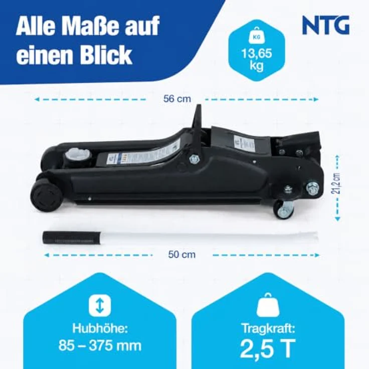 NTG Hydraulischer Wagenheber WGH.2513, 2,5T Traglast, Hubhöhe 85-375mm, TÜV-zertifiziert, flach für tiefe PKW – Bild 7
