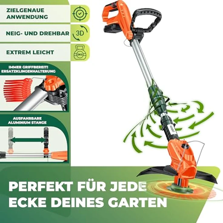 MASKO Akku-Rasentrimmer mit 20 V Li-Akku, 2,0 Ah Akku und Ladegerät, Motorsense 26 cm Schnittkreis, 180° Trimmwinkel, Teleskop-Stiel & Zusatzhandgriff, inkl. 20 Messer Kunststoffklinge Orange – Bild 6