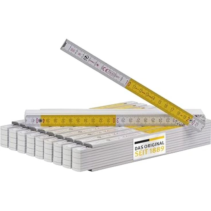 Stabila Zollstock 2 Meter Type 417, Meterstab mit Schnellablese-Skala, Winkelfunktion, PEFC-zertifiziertem Holz, 10er Pack, weiß-gelb – Bild 1