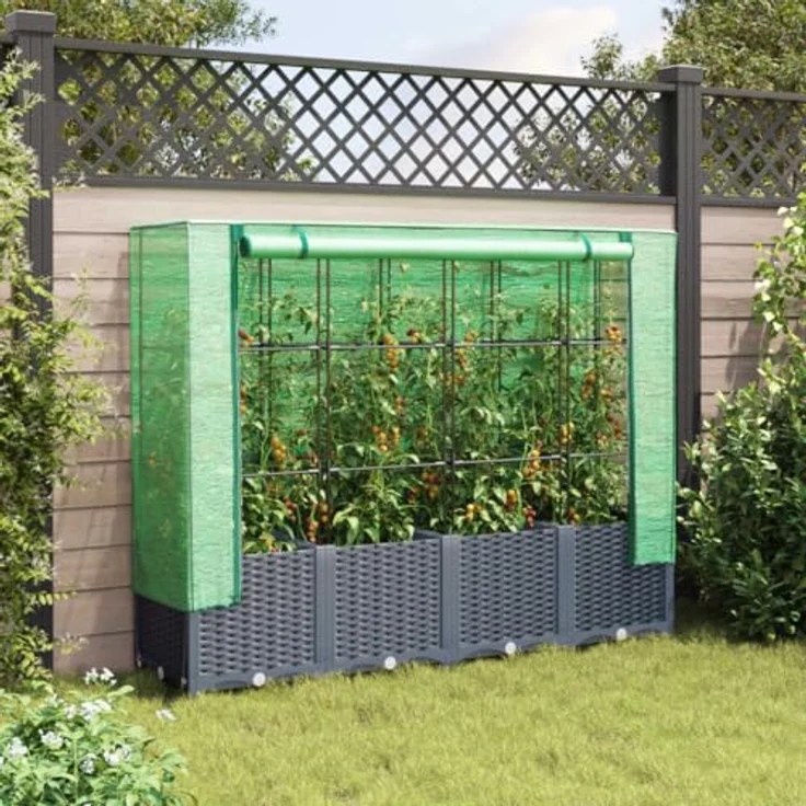 vidaXL Hochbeet mit Gewächshaus-Aufsatz, Pflanzbeet mit Eisenrohr-Rahmen, Rattan-Optik – Bild 4