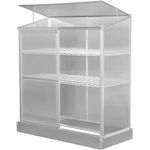 Grindi - Polycarbonat Frühbeet Treibhaus Gewächshaus mit aufklappbarem Dach, Schiebetür und 2 Regalen - Hosta, 130x58x140 - Wandgewächshaus für Garten, Balkon und Terrasse - Aluminiumrahmen, 4mm Polycarbonatverglasung - in Silber