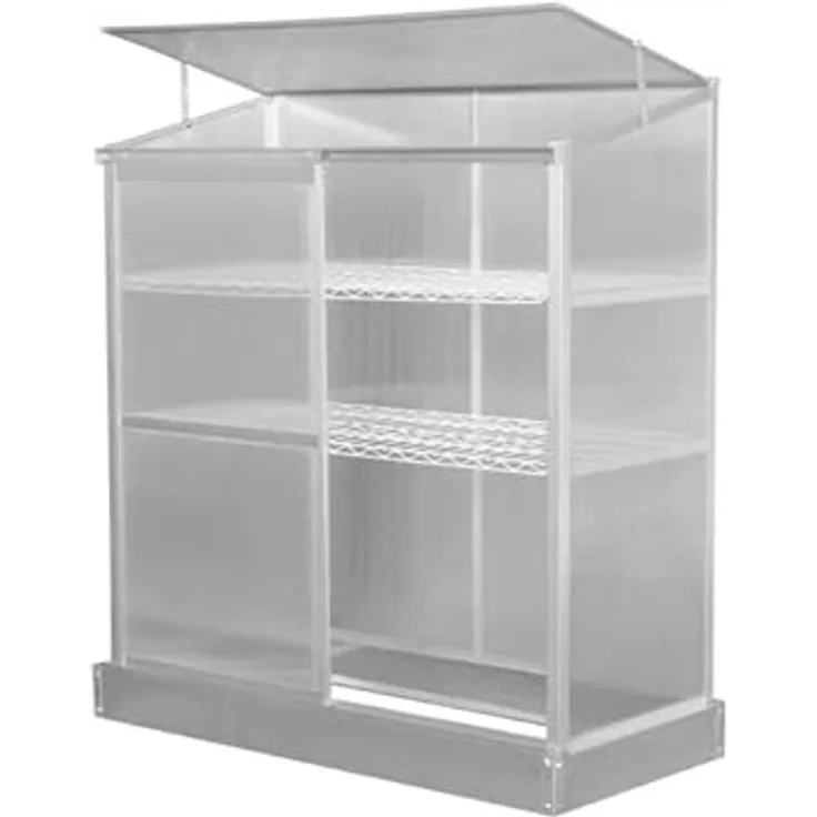 Grindi - Polycarbonat Frühbeet Treibhaus Gewächshaus mit aufklappbarem Dach, Schiebetür und 2 Regalen - Hosta, 130x58x140 - Wandgewächshaus für Garten, Balkon und Terrasse - Aluminiumrahmen, 4mm Polycarbonatverglasung - in Silber