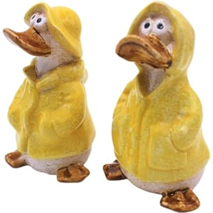 Dekohelden24 2er Set Dekofiguren, Gartenfigur Ente mit Regenmantel und Mütze, gelb, L/B/H 6 x 6 x 11 cm