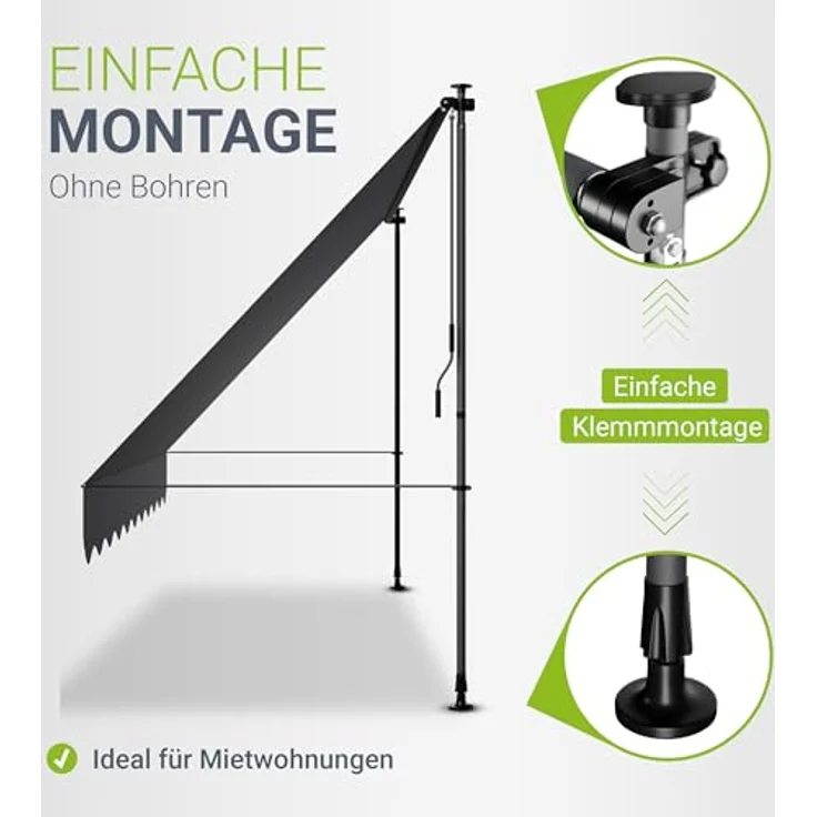 Juskys Klemmmarkise Kapstadt 350x120 cm - Höhenverstellbar & UV-beständig - Wetterfest & Sichtschutz - Terrassenüberdachung Grau – Bild 3
