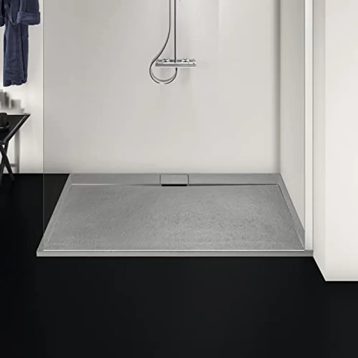 Ideal Standard Ultra Flat S i.life Duschwanne 170 x 90 cm, rutschfeste Harz-Duschwanne mit verstecktem Ablauf, mattes Steinoptik-Finish in Betongrau – Bild 5