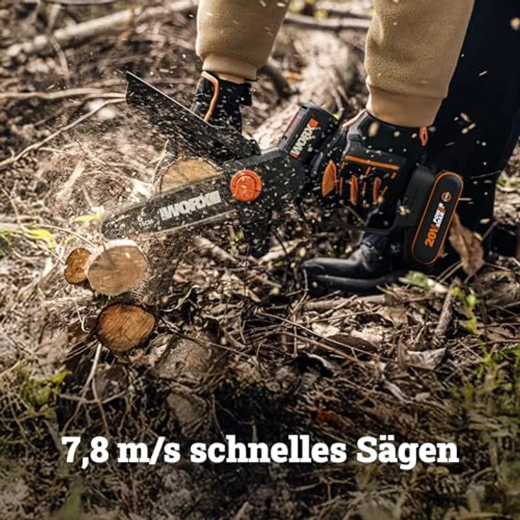 Worx WG327E 20 V Akku-Mini-Kettensäge mit bürstenlosem Motor, automatischer Kettenschmierung und werkzeuglosem Kettenwechsel – Bild 3