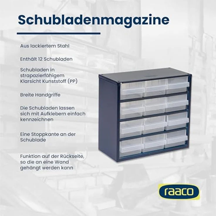 Raaco 612-02 Werkstattschrank, Kleinteilemagazin mit 12 Schubladen, blau, aus lackiertem Stahl und Polypropylen, maximale Tragkraft 13 kg – Bild 4