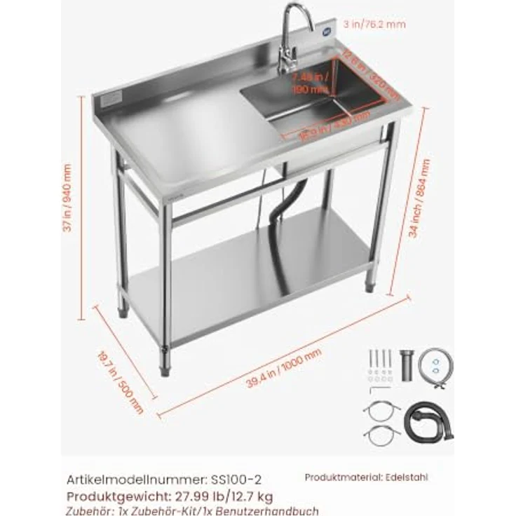 VEVOR Edelstahl Spültisch mit Einzelbecken (100 x 50 x 94 cm), 360° Wasserhahn, verstellbare Ablage, vielseitig einsetzbar für Küche, Garage, Restaurant und Wäscherei – Bild 7