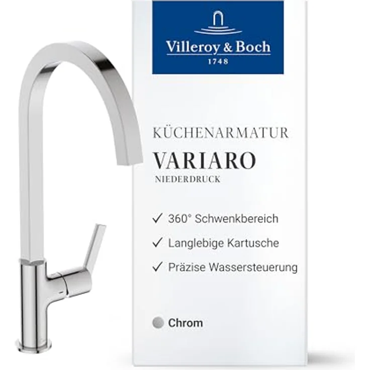 Villeroy & Boch Variaro Küchenarmatur, FirmaFlow® Kartusche, 360° schwenkbarer Auslauf, Schnellmontagesystem, Chrom-Finish – Bild 1