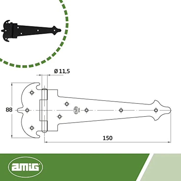 Amig Verstärktes Scharnier Modell 554, schwarz, aus geschmiedetem Stahl, für glatte Türen und Schränke, 150 x 88 x 2 mm – Bild 3