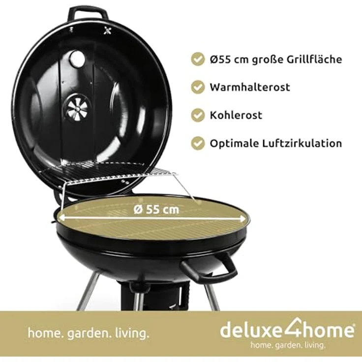 deluxe4home® Kugelgrill mit Deckel Ø55 cm Schwarz I Rollbarer BBQ-Grill mit Aschebehälter & Grillhandschuh – Bild 3