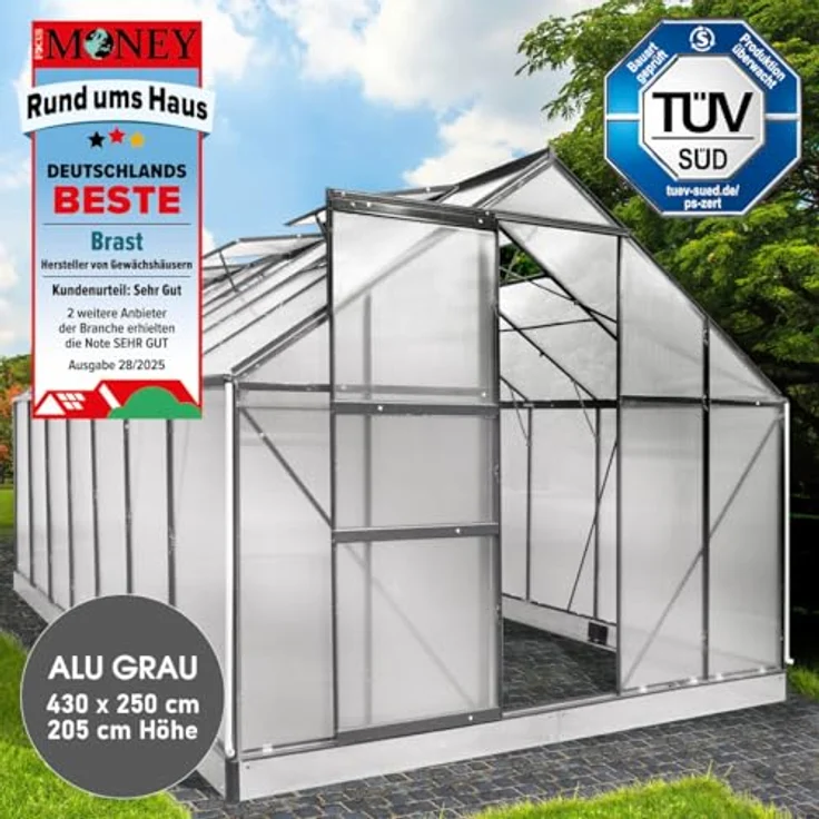 BRAST Gewächshaus Aluminium mit Fundament, TÜV geprüft, 6mm Hohlkammerplatten, wetterfest, grau, 430x250x205cm – Bild 2