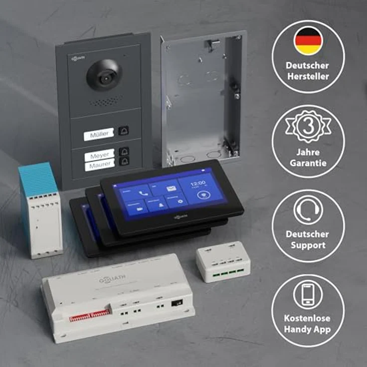 Goliath Intercom Video-Türsprechanlage, 3-Familien Goliath Basic-Line, 7-Zoll Monitor Weiß/Schwarz, HD Kamera, 2-Draht BUS, app-fähig – Bild 5