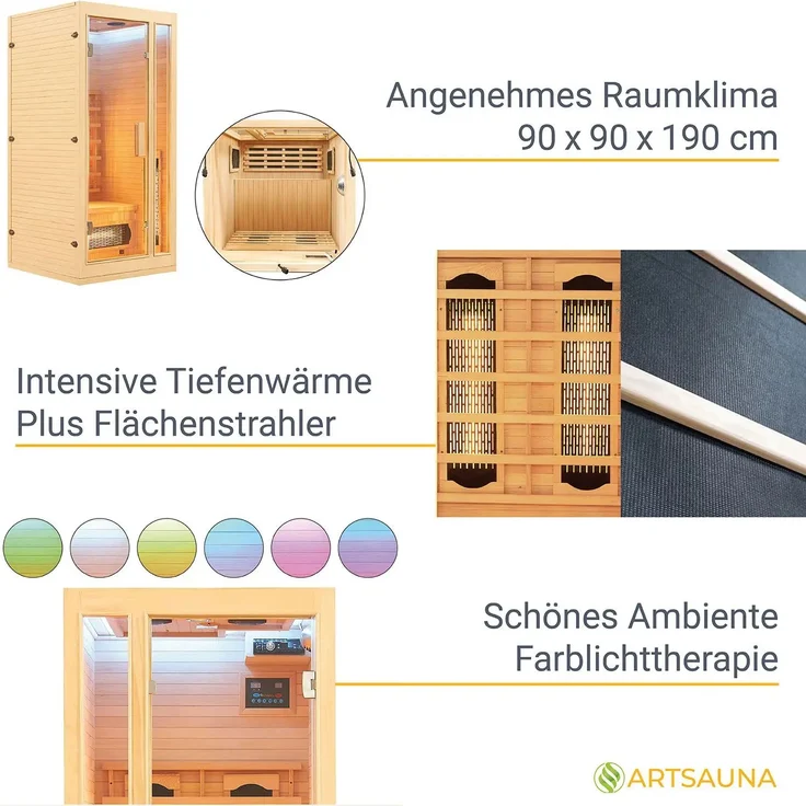 Artsauna Infrarotkabine Nyborg S90V - Infrarotsauna Vollspektrumstrahler, LED-Farblicht & große Glastür - Wärmekabine für 1 Person 90 x 90 cm – Bild 4