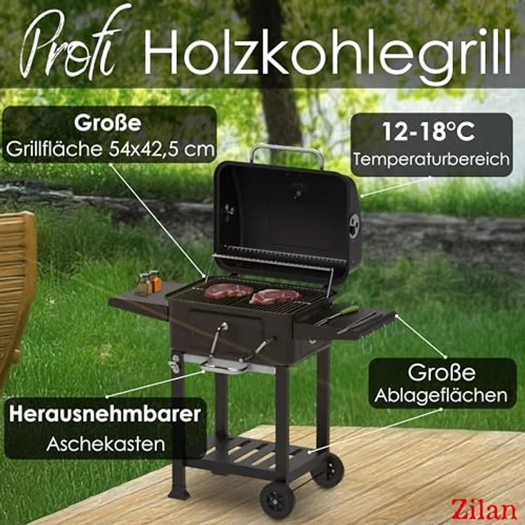 Zilan Holzkohlegrill XXL, Standgrill mit Deckel, höhenverstellbarer Kohlewanne, Thermometer, 54x42,5 cm Grillfläche, Schwarz/Chrom, inkl. Aschebehälter und Ablageflächen – Bild 2