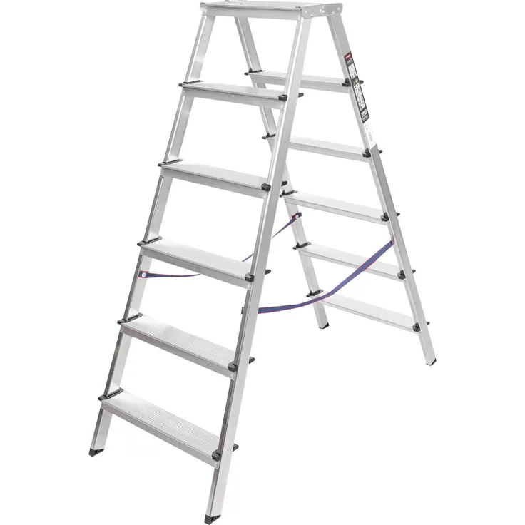 Stier Stufen Stehleiter 2x6 Stufen, beidseitig begehbar, 150 kg max. Nutzlast, kompakte Bauweise