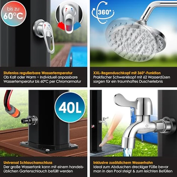 KESSER Solardusche 40- 60 Liter Solar Gartendusche warmes Wasser max. 60°C Inkl. Schutzhaube ohne Stromanschluss Pooldusche CampingRegenduschkopf und Wasserhahn Gartenschlauch-Anschluss Schwarz, 40 Liter - Preisvergleich – Bild 3
