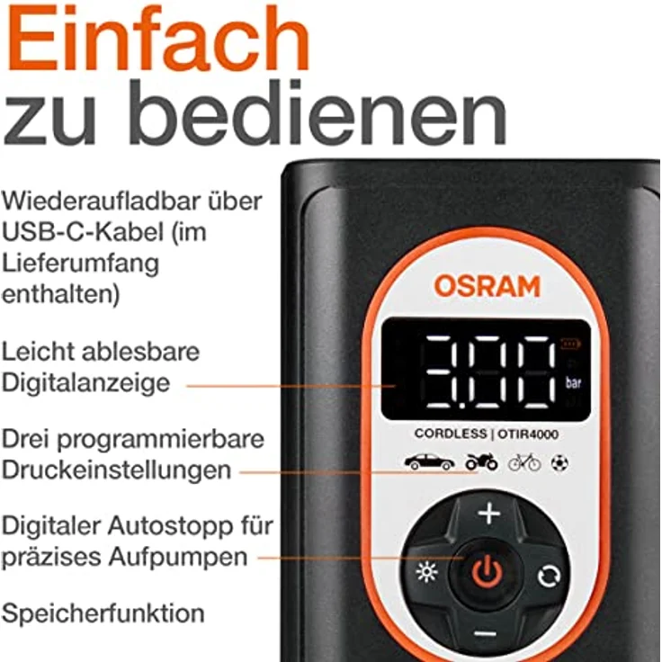 OSRAM TYREinflate 4000, Kabelloser Reifenfüller mit Li-Ion-Akku, LED-Beleuchtung – Bild 8