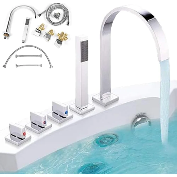 Mucola 5-Loch Badewannenarmatur mit Handbrause, Brausehalter und Brauseschlauch, Fliesenrandarmatur in Chrom, langlebig und wassersparend – Bild 3