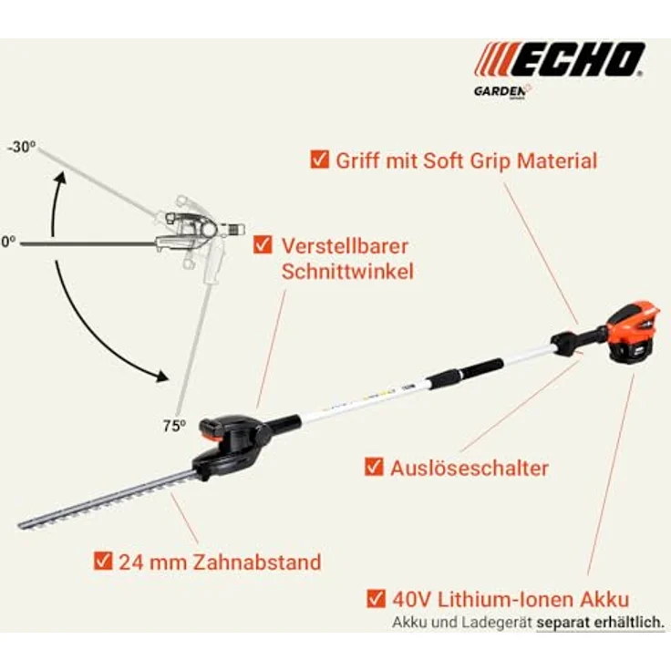 Echo DHCA-310 Akku Heckenschneider 48 cm, batteriebetrieben mit verstellbarem Kopfstück und gegenläufigem Doppelblatt, ohne Akku – Bild 3