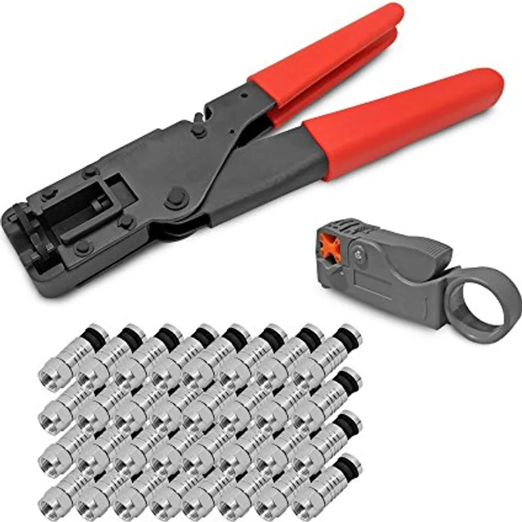 ARLI Kompressionszange Set, inkl. Abisolierer & 100x wetterfeste F-Kompressionsstecker 7 – 7,5 mm für SAT TV Koaxkabel RG6