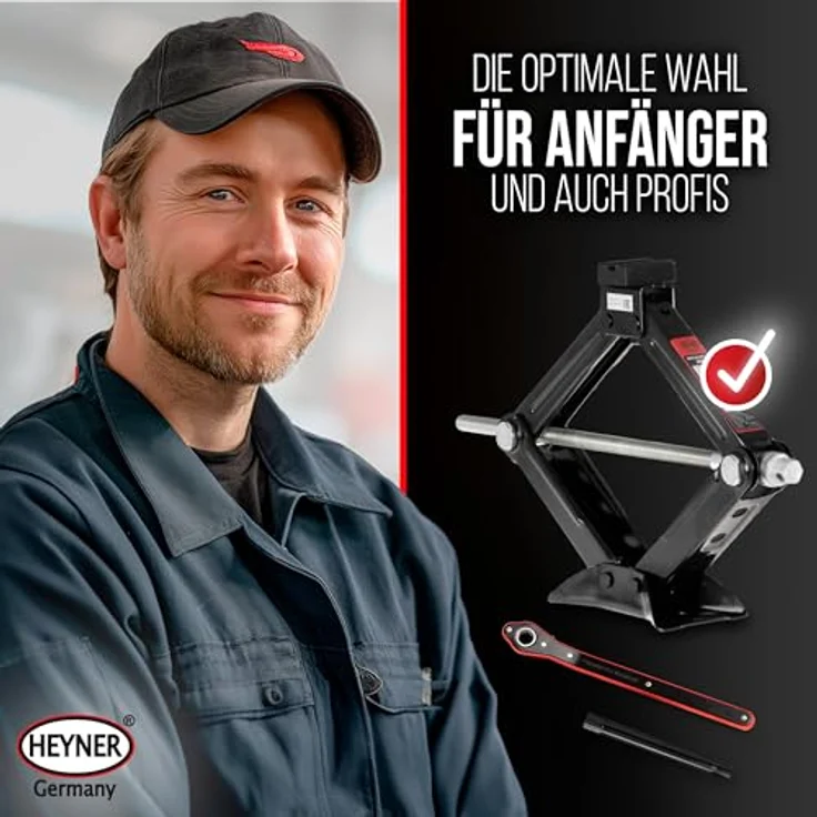 HEYNER® UltraLift M PRO Scherenwagenheber Set, 1,5t Traglast, 104–380mm, mit Radmutternschlüssel und Montagehandschuhen, drehbarer Sattel, Gummiauflage, GS-zertifiziert – Bild 3