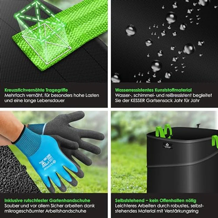 KESSER® Pop-Up-Gartensack 73L Laubsack Gartenabfallsack inkl. Handschuhe | Selbststehend mit Griffen Stabil Robust & Faltbar | Grünschnitt-Gartensack in Schwarz – Bild 3