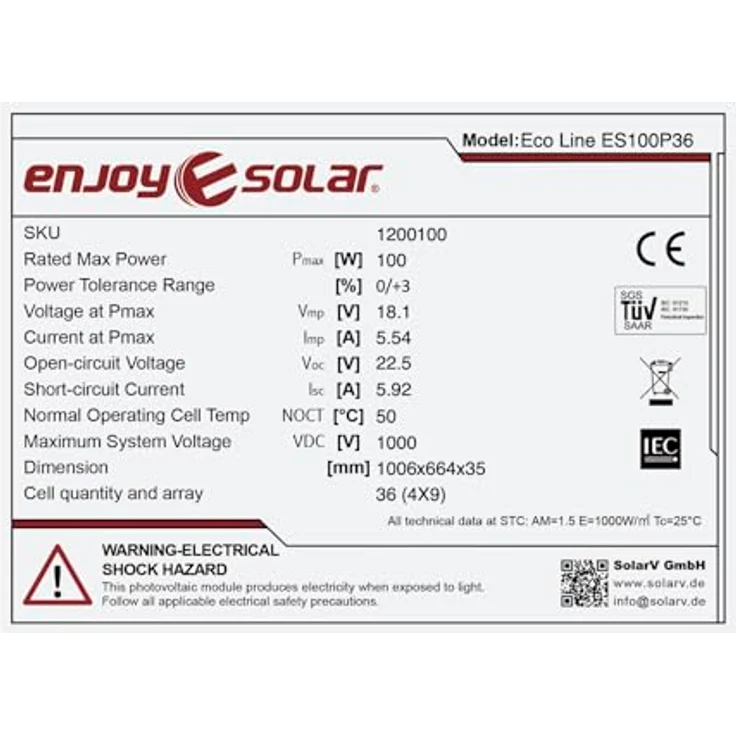 EnjoySolar Eco Line ES100P36, polykristallines Solarmodul 100W 12V mit 158,75 mm PERC-Zellen, TÜV-zertifiziert, inklusive 90cm Solarkabel mit MC4 Stecker, 0% MwSt. – Bild 7