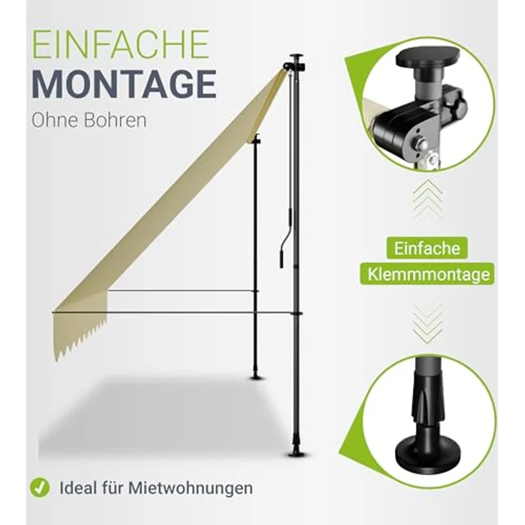 Juskys Klemmmarkise Kapstadt 350x120 cm - Höhenverstellbar & UV-beständig - Wetterfest & Sichtschutz Beige – Bild 3