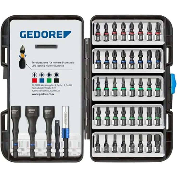 Gedore 666-045 Bit-Set, 45-teiliges Sortiment mit Torsionszone und 1/4" Vierkant-Adapter zur Profilerkennung – Bild 1