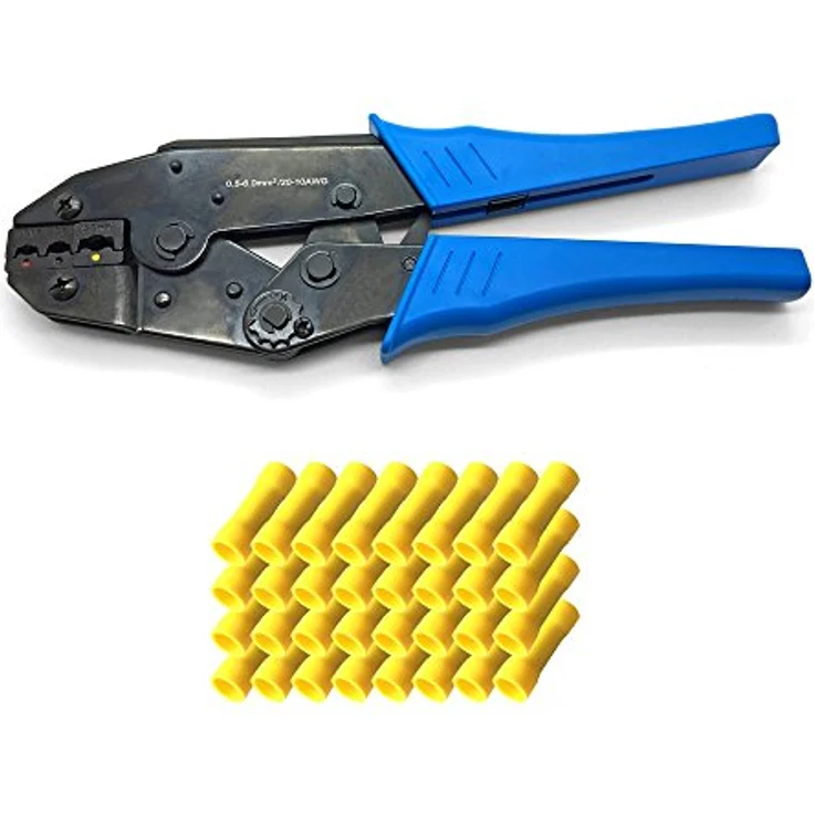 ARLI Crimpzange Set, Profi Zange mit Ratschenfunktion und 50x gelben Stoßverbindern, 4-6 mm² Quetschverbinder für isolierte Steckverbindungen – Bild 1