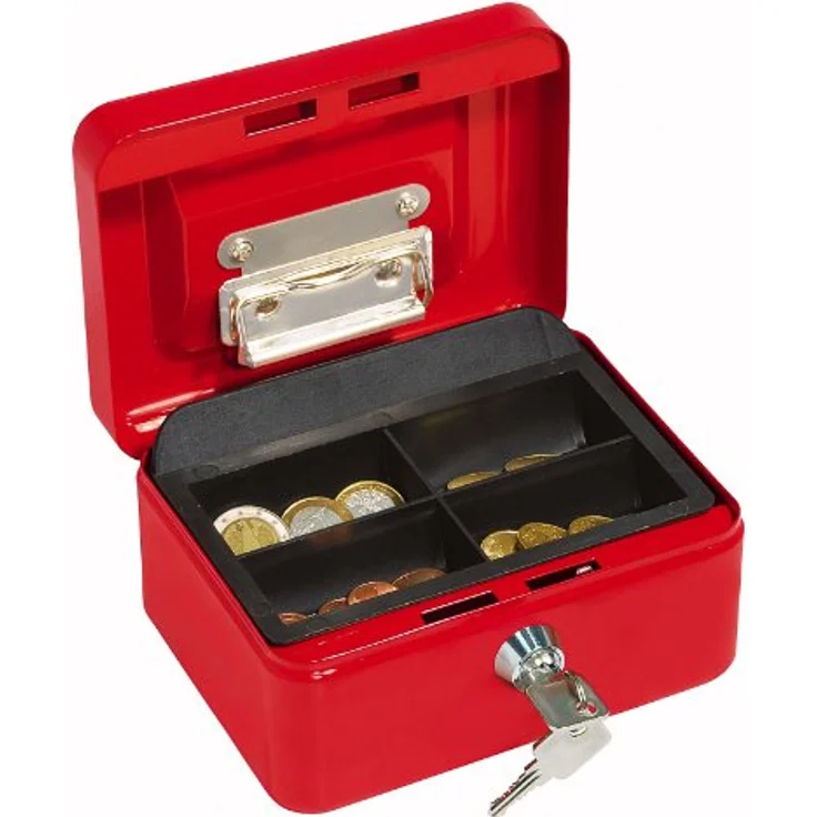 Wedo 145102H Geldkassette (aus pulverbeschichtetem Stahl, versenkbarer Griff, Geldnoten- und Belegeklammer, 4-Fächer-Münzeinsatz, Sicherheits-Zylinderschloss, 15,2 x 11,5 x 8,0 cm) rot – Bild 2
