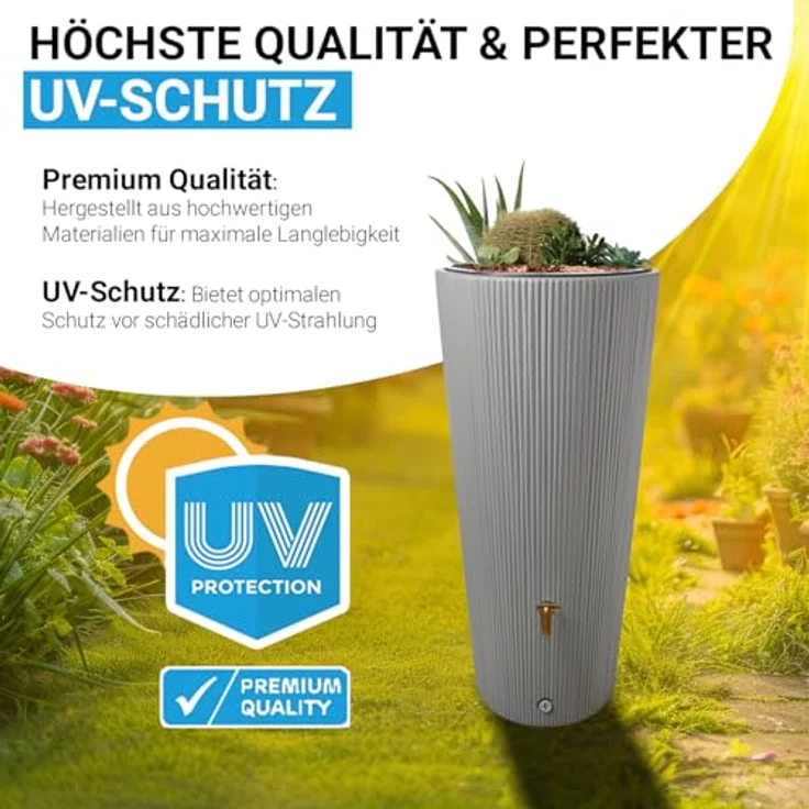 4rain Vaso 2in1 Decor Regentonne 220 Liter zinkgrau inkl. Kunststoff-Auslaufhahn und Fallrohranschluss - Großes Speichervolumen, individuelle Bepflanzung, einfach anzuschließen – Bild 3