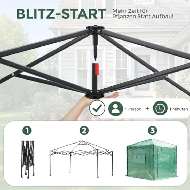 Sekey Gewächshaus 245x245x180 cm, Stabiler Folien-Pop-Up-Balkon für optimales Pflanzenwachstum, Grün – Bild 2