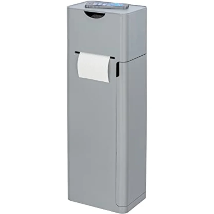 WENKO Stand WC-Garnitur Imon 6 in 1, mit integriertem Toilettenpapierhalter, WC-Bürstenhalter, Ersatzrollenhalter, Stauraumfächer und Ablage, solider Kunststoff, 20 x 58,5 x 15 cm, Grau mattiert – Bild 1