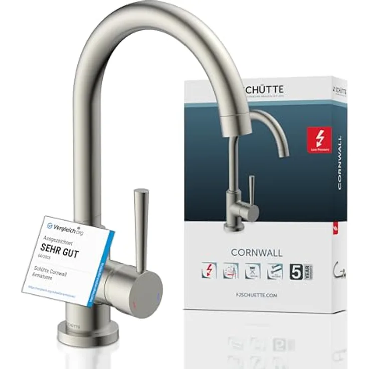 Schütte Cornwall Niederdruck Spültischarmatur, 360° schwenkbarer Wasserhahn mit Dripless-Strahlregler, Einhebel-Mischbatterie