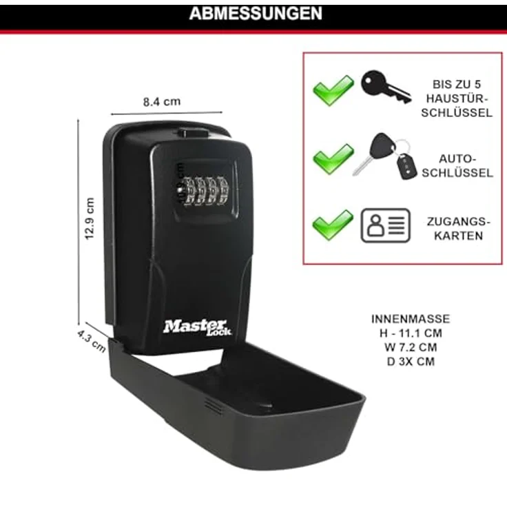 Master Lock 5430EURD, mittelgroßer Schlüsselkasten für Wandmontage, wetterfest, mit abnehmbarer Abdeckung und 4-stelligem Zahlencode – Bild 5