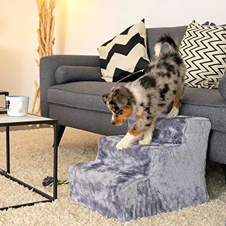 lionto Haustiertreppe Katzentreppe Hundetreppe mit Plüschbezug 46x36x34 cm, hellgrau – Bild 3