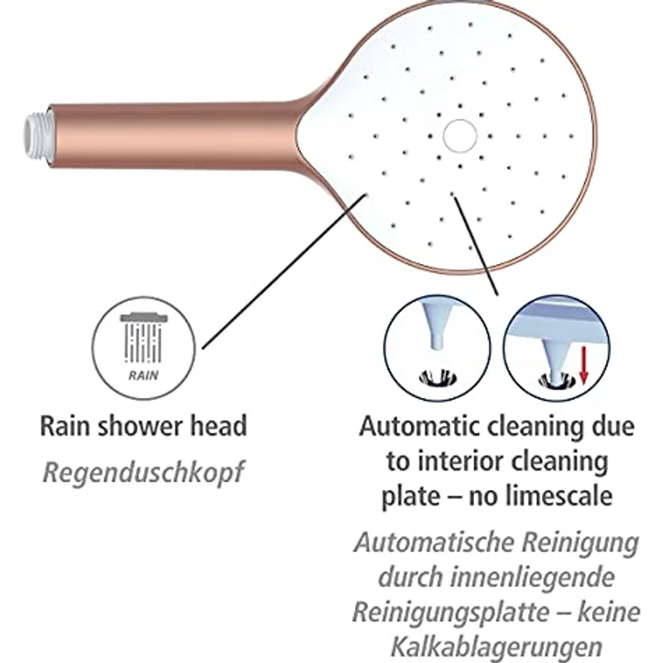 WENKO Duschkopf Automatic Cleaning, Anti-Kalk, runde Universal-Handbrause mit automatischem Reinigungssystem, belebende Regenwasserdusche, handlicher Brausekopf Ø 12 cm im Metallic-Look, ABS Rosé – Bild 3